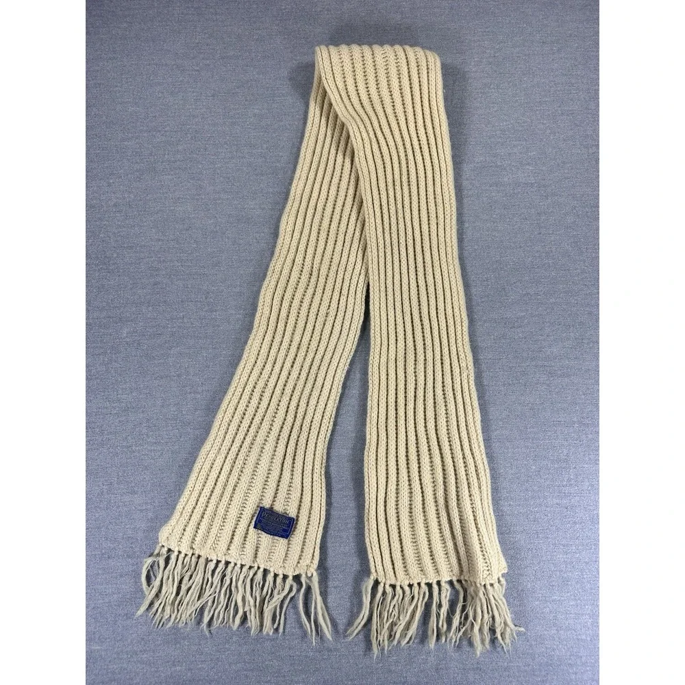 Vintage Pendleton Scarf 100% Virgin Wool Rib Knit Cream Fringe Made USA